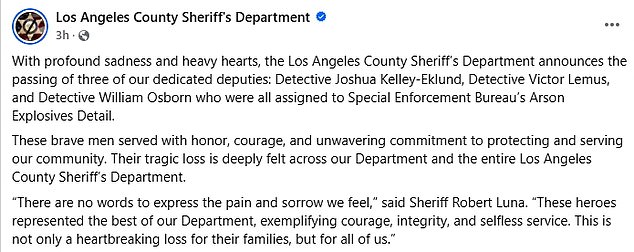 The three men were veteran law enforcement officers, having served with the department for 19, 22, and 33 years, respectively, according to a Facebook post from the grieving department