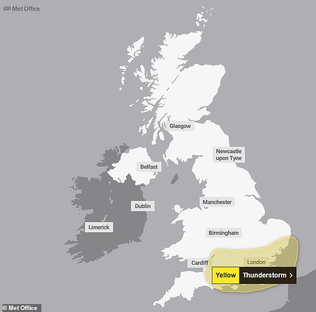 A yellow thunderstorm warning has been issued for large swathes of the south of England