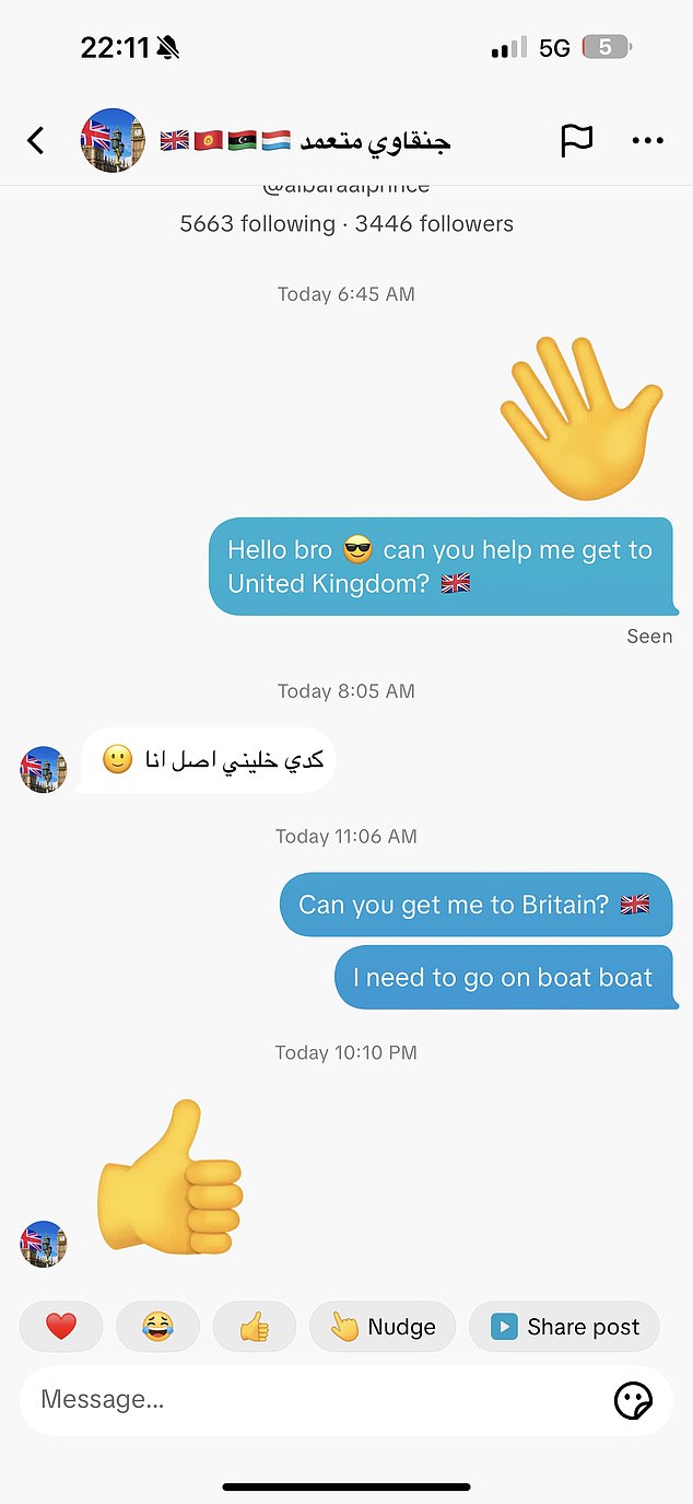 Another user replied with a thumbs-up emoji when asked if he could arrange a crossing on a boat to Britain
