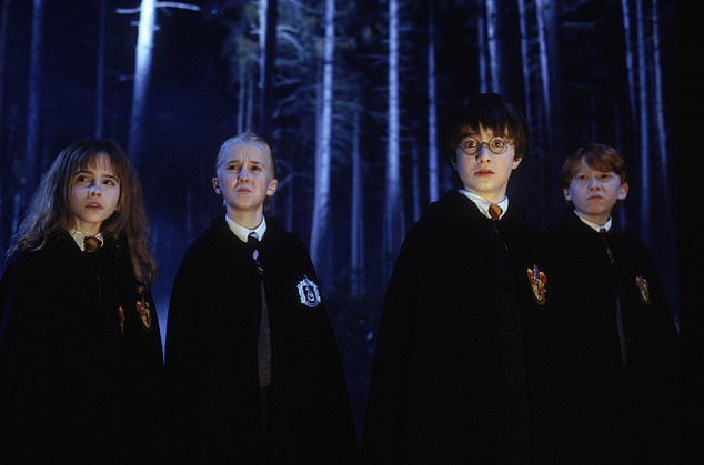 While his co-stars have turned frosty against her, Tom has doubled down on his support for the franchise's author, insisting he is 'grateful' for what she has done for him (Emma Watson, Tom Felton, Daniel Radcliffe and Rupert Grint pictured in Harry Potter)
