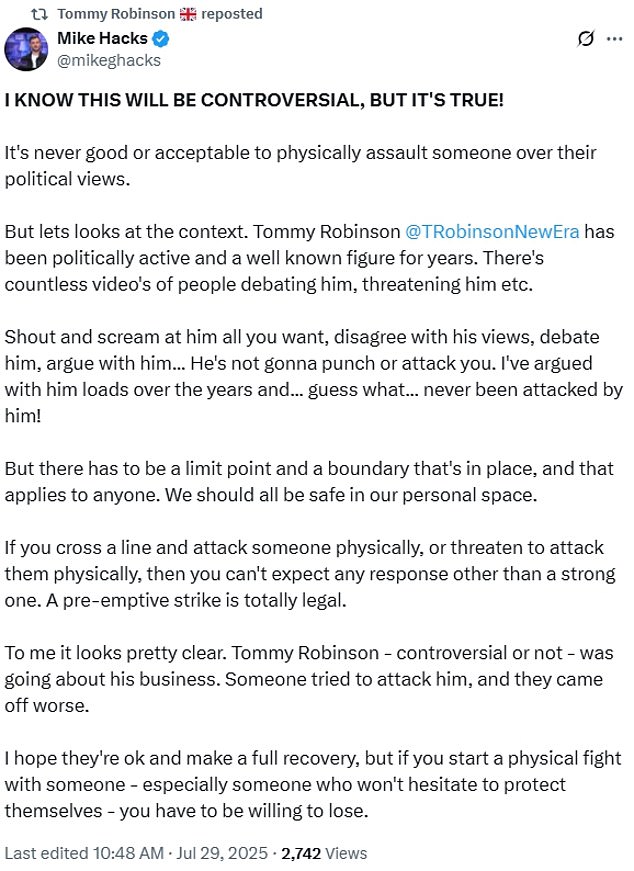 Robinson has been active on his X account today, reposting a tweet which claimed he acted in self-defence