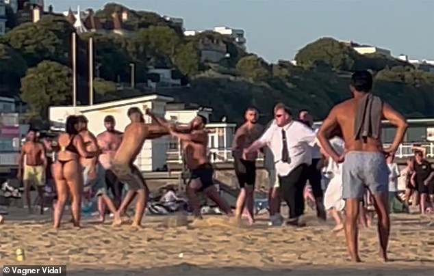 The chaos erupted on Friday evening on Bournemouth beach near the pier