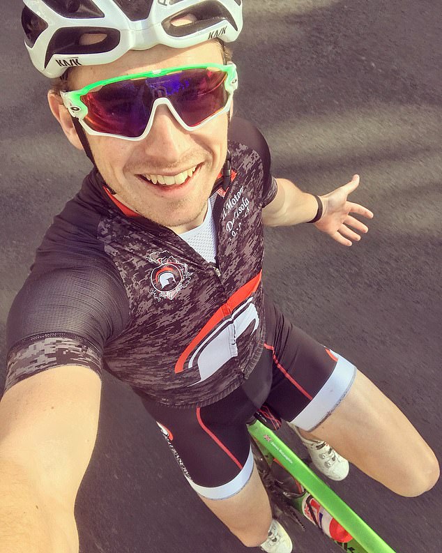'Supremely fit' James McLaughlin (pictured) is suing a motorist and passenger for £1million after they opened a door in a cycle lane