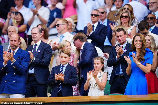 Prince William, Princess Catherine, Prince George and Princess Charlotte in the Royal Box on Centre Court at the Wimbledon Tennis Championships today
