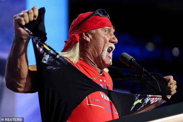 Hulk Hogan, professional entertainer and wrestler, rips his shirt while speaking on Day 4 of the Republican National Convention