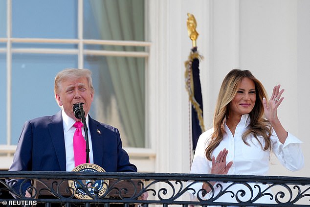 President Donald Trump (left) alongside first lady Melania Trump (right) appear on the Truman Balcony ahead of the president signing the 'Big, Beautiful Bill' into law. He had set a deadline for Congress of July 4th and the GOP-led House and Senate delivered just in time