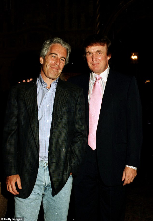 Portrait of American financier Jeffrey Epstein (left) and real estate developer Donald Trump as they pose together at the Mar-a-Lago estate in 1997