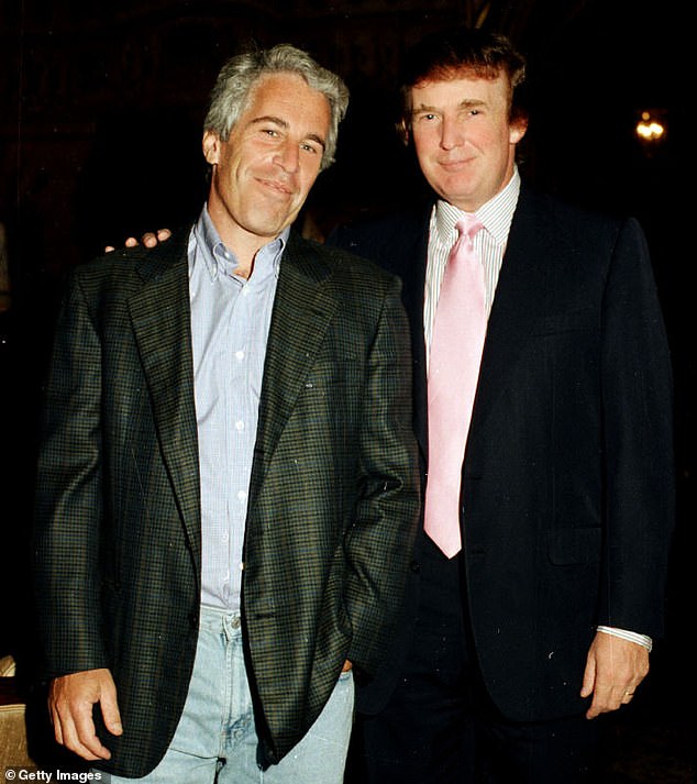 President Donald Trump (right) has been accused of sending Jeffrey Epstein (left) a 'bawdy' letter containing 'several lines of typewritten text framed by the outline of a naked woman, which appears to be hand-drawn with a heavy marker'