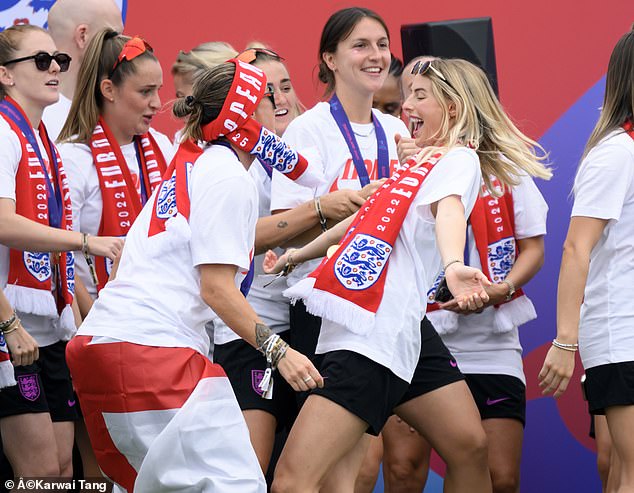 Party hard: Even after a gruelling tournament and non-stop celebrations, Lucy Bronze and Chloe Kelly showed they still had plenty of stamina left