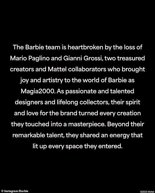 Barbie's official Instagram account paid tribute to the visionary designers, who in 1999 founded the Magia2000 company that creates custom Barbie dolls