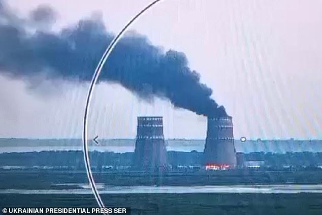 All the external power lines supplying electricity to the Russian-occupied Zaporizhzhia Nuclear Power Plant (ZNPP) in Ukraine to help it cool the fuel in its reactors are down. Pictured: A fire at a cooling tower of the Russian-controlled Zaporizhzhia nuclear power plant in 2024