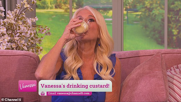 Vanessa Feltz guzzled custard live on her Channel 5 daytime show in a hilarious nod to a magazine cover that claimed she regularly drank it - which left her friends apparently fearing for her