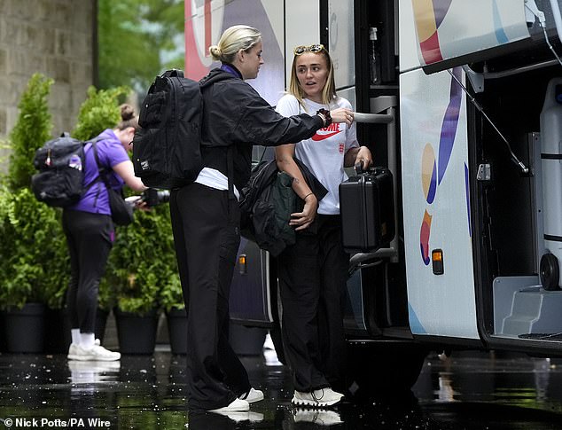 Alessia Russo (left) and Georgia Stanway (right) made their way onto the coach on Monday morning