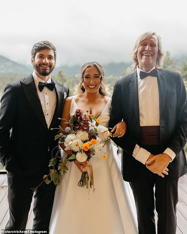 She underwent genetic testing at the recommendation of her father's oncologist. (Sarafina is pictured, centre, on her wedding day with husband Taylor, left, and her father, right)