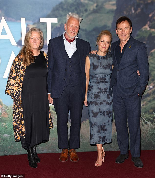 Raynor Winn, Moth Winn, Gillian Anderson and Jason Isaacs attend the London Special Screening of The Salt Path at the Curzon Soho on May 22, 2025