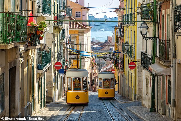 The Gloria Funicular in the city centre of Lisbon, the capital of Portugal