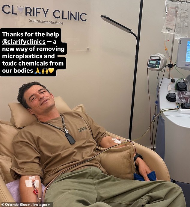 Orlando Bloom, 48, underwent a £10k treatment to remove microplastics and toxic chemicals from his blood at Clarify Clinic last month