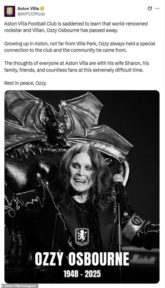 Osbourne's beloved Aston Villa paid tribute to the Brummie rocker via the club's official Instagram platform on Tuesday evening