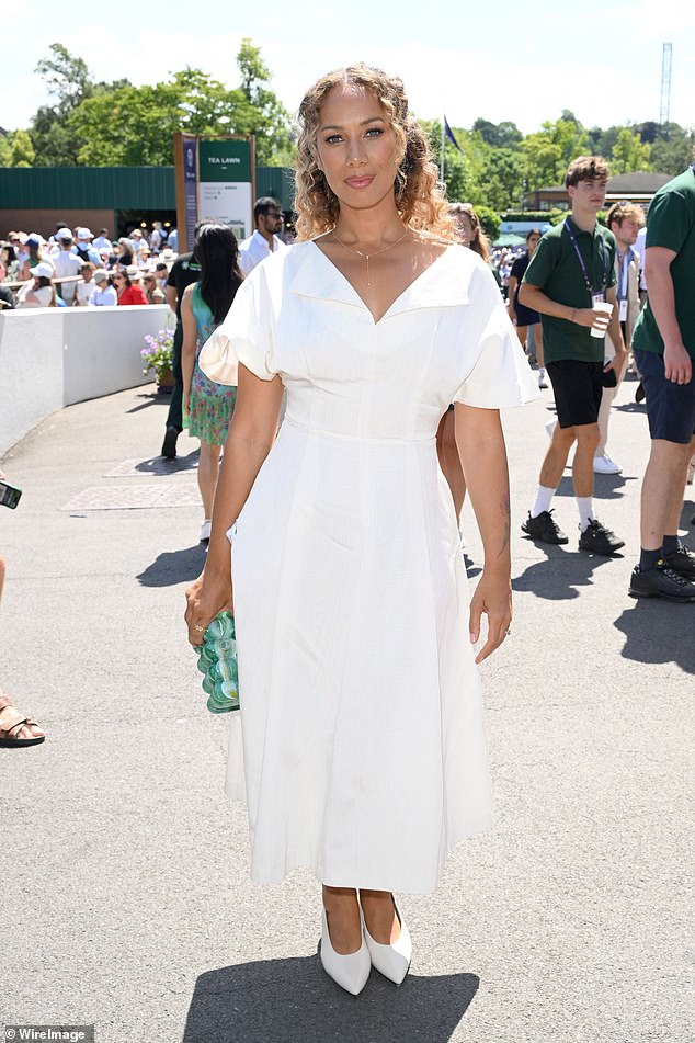 Leona Lewis, 40, looked incredible in a short sleeved midi dress as she led the stars in white on day 11 of Wimbledon on Thursday