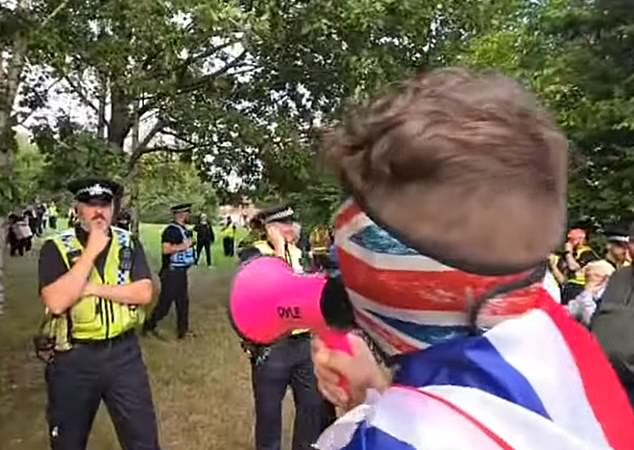 Police were out in force as crowds waving Union flags and banging instruments converged on the Britannia Hotel in the Seacroft area of the city
