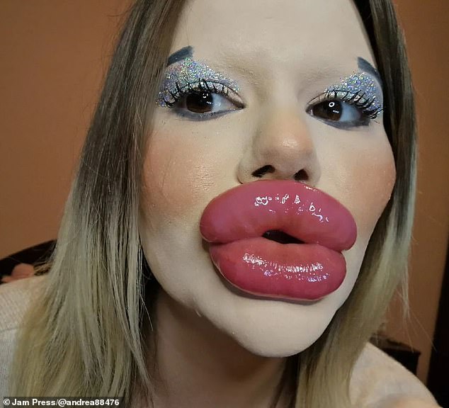 Andrea Ivanova from Bulgaria has become known for having the world's biggest lips after splashing out on £20,000 of filler (pictured)