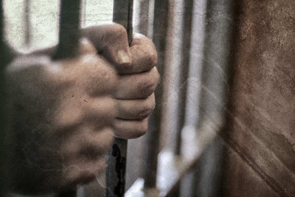 Hands gripping prison bars.