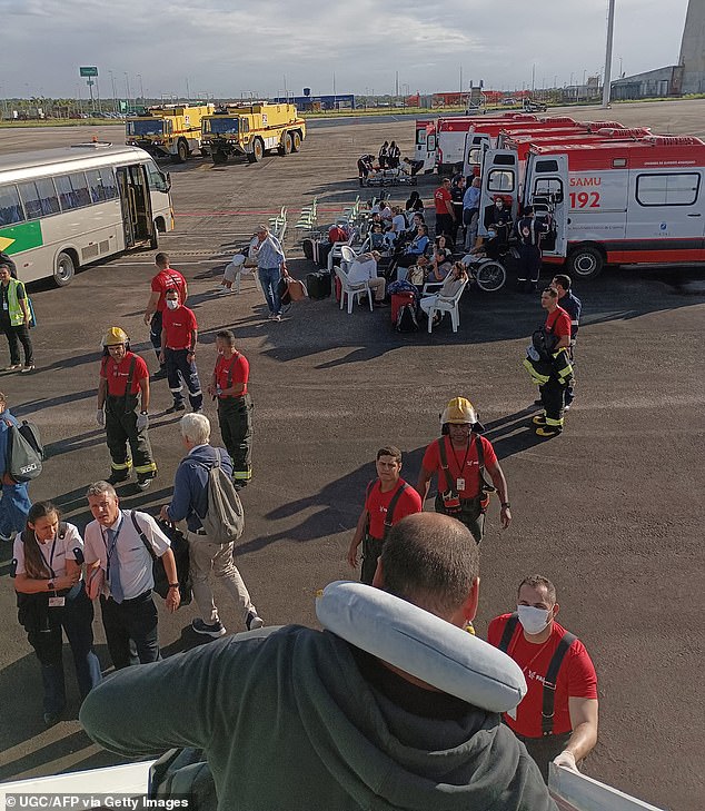 Ambulances assisting passengers of an Air Europa Boeing 787-9 Dreamliner that made an emergency landing in northern Brazil in July 2024 after seven people were injured in strong turbulence