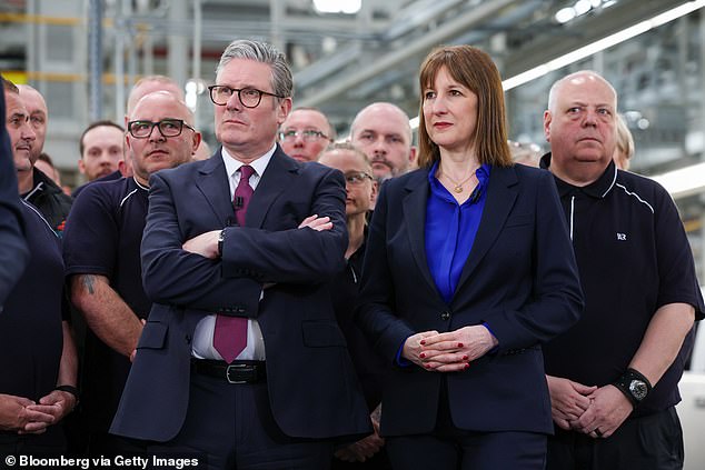 Pictured: Keir Starmer, UK prime minister, left, and Rachel Reeves, UK chancellor of the exchequer, at the Jaguar Land Rover automobile manufacturing plant in Solihull, UK, on Monday, April 7, 2025