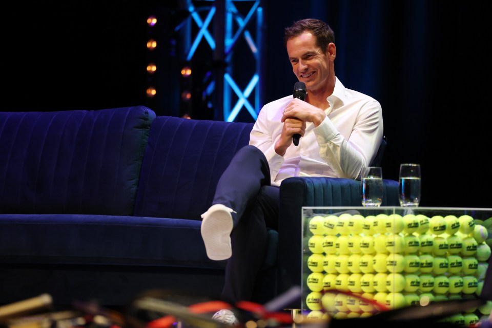 Andy Murray at a UK theatre tour speaking into a microphone.