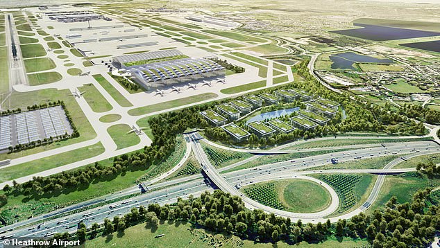 If passed, the new runway will allow flights to 30 new destinations, add 0.43 per cent to the UK’s GDP and carry 66 million more passengers per year, Heathrow says. Pictured: a previous artist's impression of how the Heathrow site could look after expansion