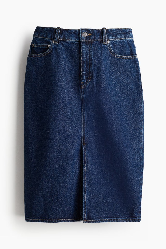Dark wash denim pencil skirt.