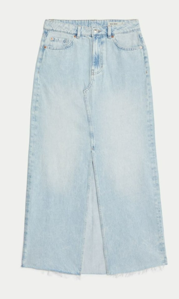 Light wash denim maxi skirt with a front slit.