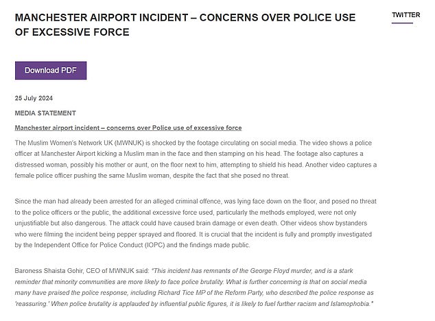 Baroness Gohir's statement where she rashly compared the incident to the murder of George Floyd