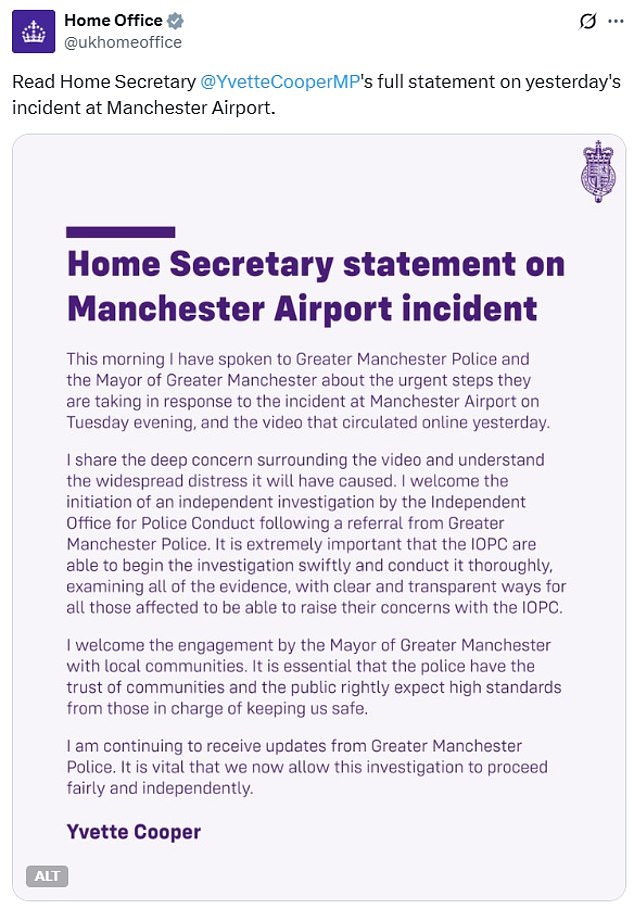 Ms Cooper said she understood 'the widespread distress' the footage had caused, and said she had spoken to police about the 'urgent steps' they were taking