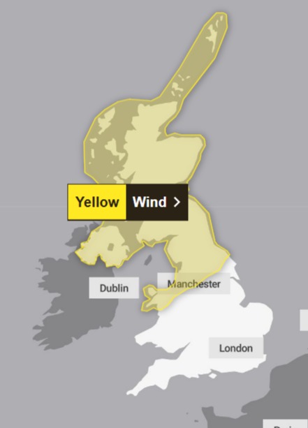 Map of yellow wind warning in Scotland.