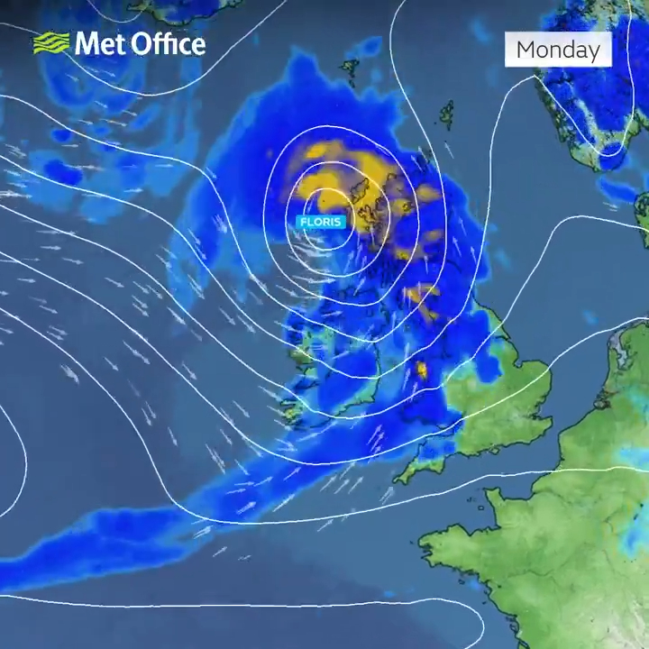 Weather map showing Storm Floris over the UK.