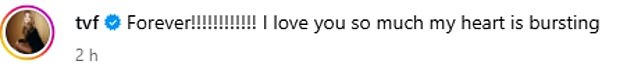 Taking to Instagram on Friday, Talita wrote: 'Forever!!!!!!!!!!!! I love you so much my heart is bursting'