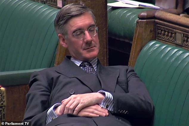 Former business secretary Jacob Rees-Mogg said working from home hit productivity. Mr Rees-Mogg is seen closing his eyes and reclining in his seat during a parliamentary debate