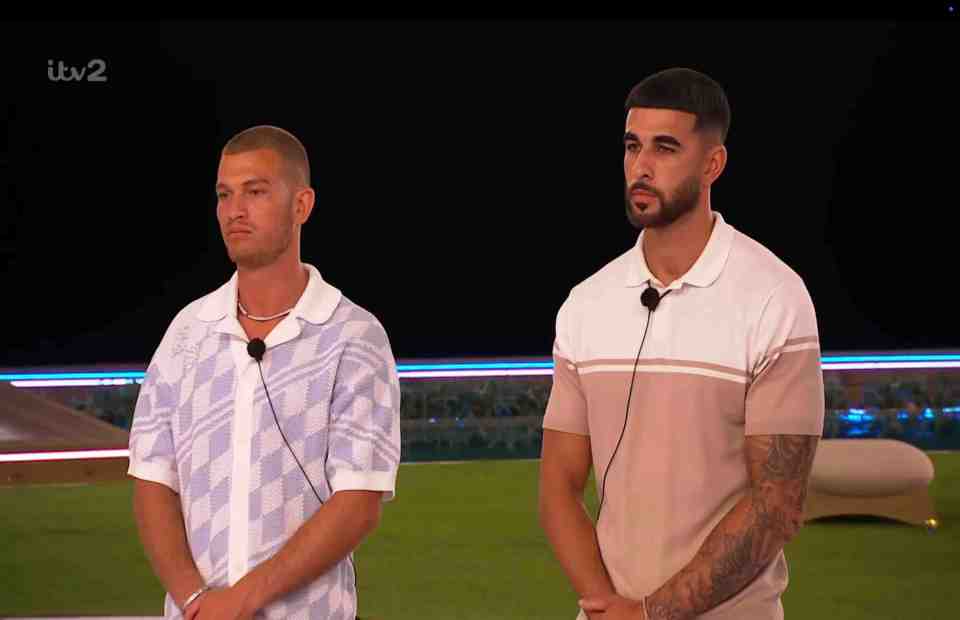 Two men standing during a Love Island recoupling ceremony.