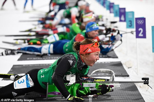 Laura Dahlmeier competes at the shooting range in the mixed relay biathlon event during the Pyeongchang 2018 Winter Olympic Games