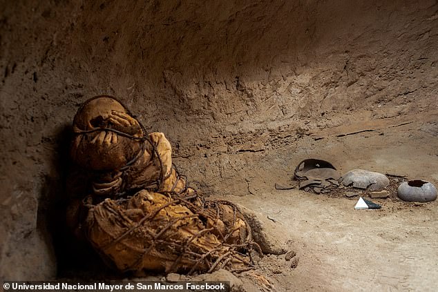 Archaeologists have found a number of strange mummies at the site, preserved fully bound up in ropes, with their hands covering their faces, as pictured