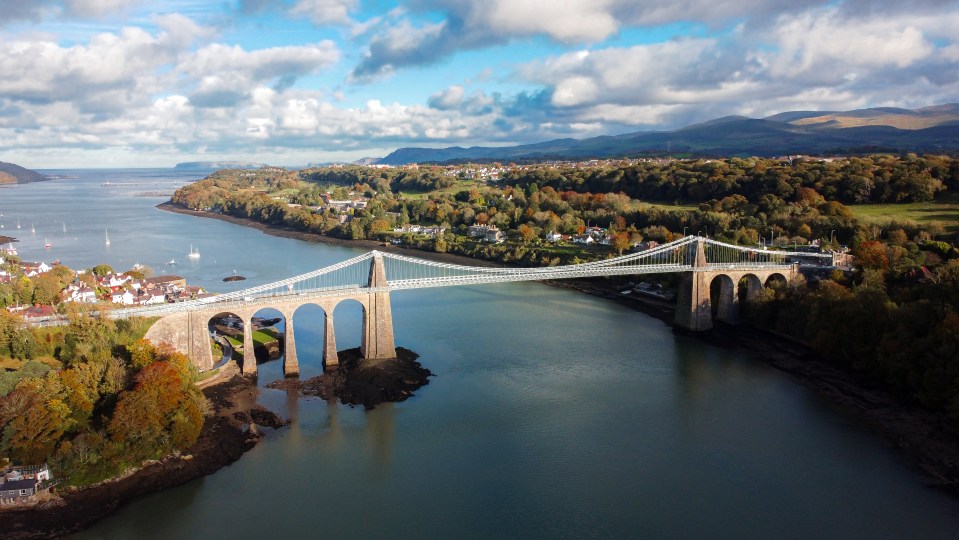 Aerial view of the Menai Suspension Bridge in Bangor, Wales.