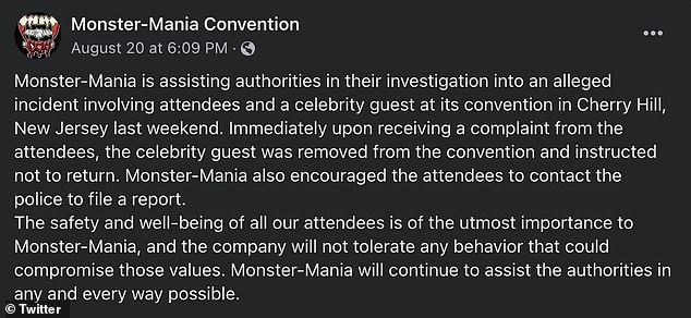 The New Jersey convention posted on Facebook that it was assisting authorities in their investigation into the claims of attendees