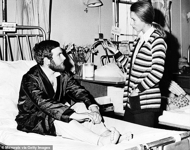 Princess Anne visiting PC Michael Hills in hospital. Hills was shot in the stomach by Bell and survived only because the bullet hit the police notebook in his pocket