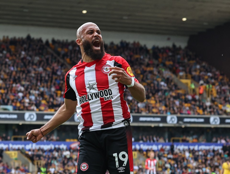 Brentford's Bryan Mbeumo celebrates scoring a goal.