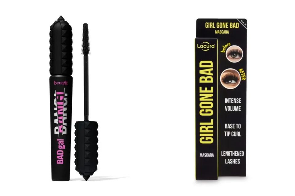 An image collage containing 2 images, Image 1 shows Benefit Bad Gal Bang! mascara, Image 2 shows Lacura Girl Gone Bad mascara box