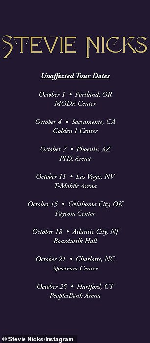 Nicks will now hit the road on October 1 in Portland, Oregon, before a tour of the Southwest and a move to the East Coast