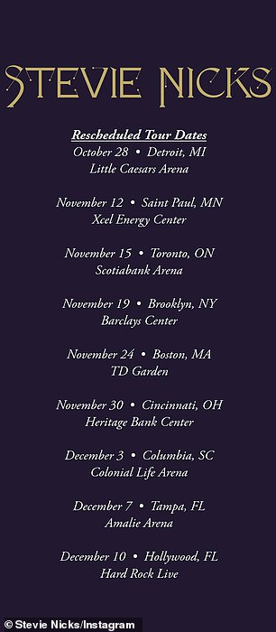 Her rescheduled leg featured dates in the Midwest and ends in Hollywood, Florida