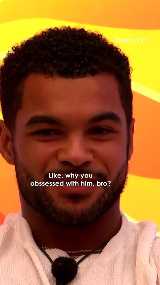 Love Island's Jamie asking why someone is obsessed with a villa boy.
