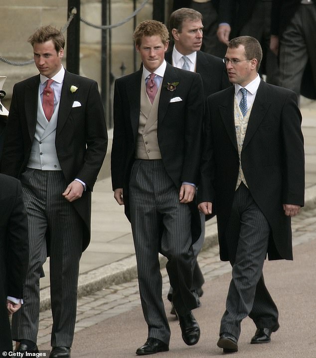 Prince William, Prince Harry and Peter Phillips are pictured at Charles and Camilla's wedding in 2005